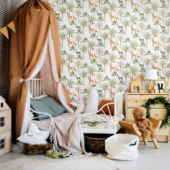 Kindertapete, Vliestapete mit Illustration Kids Walls weiß, grün, beige 