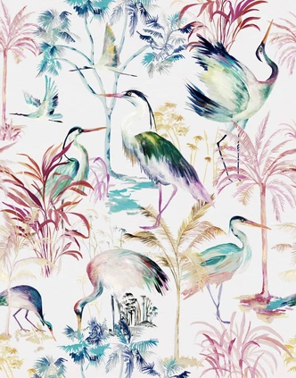 Fototapete Motivtapete Kraniche und Tropische Pflanzen im Aquarell Look in Pastell 2,7 x 2,12 m 