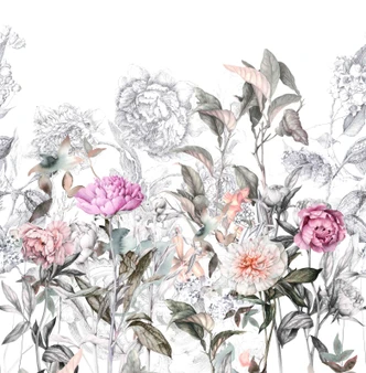 Fototapete Wandtapete mit Motiv Vintage Blumen Zeichnung in Grau Rosé 2,7 x 2,65 m 