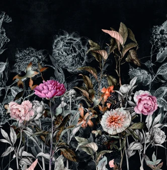 Fototapete Wandtapete mit Motiv Dark Floral Vintage Blumen in Schwarz mit Rosé 2,7 x 2,65 m 