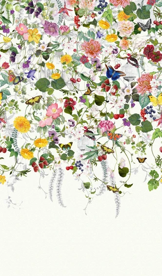 Fototapete Bildtapete Bunte Blumenwiese mit Schmetterlingen und Beeren Vintage 2,7 x 1,59 m 