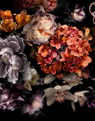 Fototapete Wandtapete mit Motiv Dark Floral Blumenbouquet in Schwarz mit Orchideen 2,7 x 2,12 m 