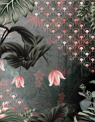 Fototapete Wandtapete mit Motiv Kranich mit Art Deco Fächer Muster und Blüten  2,7 x 2,12 m 