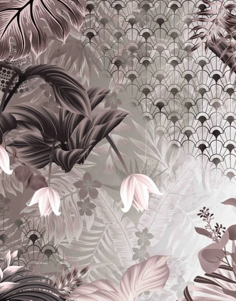 Fototapete Motivtapete Kranich im Art Deco Stil mit Blättern in Taupe und Grau 2,7 x 2,12 m 