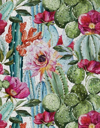 Fototapete Motivtapete Kaktus und Blüten Aquarell in Grün und Pink mit Mexiko Boho 2,7 x 2,12 m 