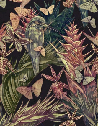 Fototapete Motivtapete Tropenvogel mit Schmetterlingen und Palmblättern auf Dunkel 2,7 x 2,12 m 