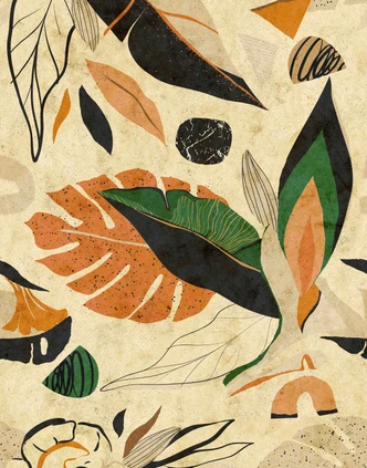 Fototapete Bildtapete Abstrakte Blätter in Terracotta Schwarz und Grün im Boho Stil 2,7 x 2,12 m 