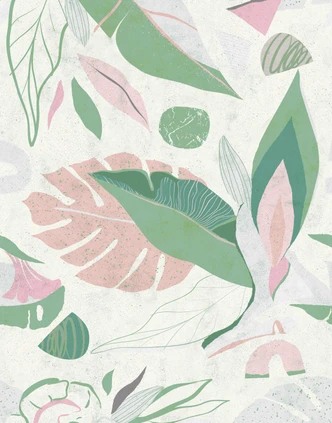 Fototapete Wandtapete mit Motiv Abstrakte Blätter in Salbei und Nude auf hellem Grau 2,7 x 2,12 m 