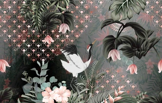 Fototapet Kran i djungeln med art deco-mönster och blommor 2,7 x 4,24 m 