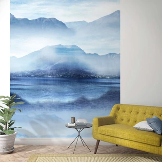 Wallpaper Photo wallpaper with misty valley by lake Blue, Grey, Illustration 2.70 x 2.12 m 