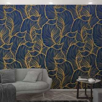 Fototapete mit abstraktem Blattmotiv Blau, Gelb ,Floral 2,70 x 1,59 m 