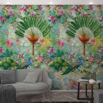 Fototapete mit Blumen und Pfau Grün, Rosa ,Steinoptik 2,70 x 1,59 m 