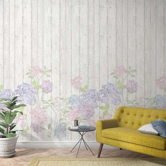 Papier peint photo avec petites fleurs sur clôture en bois Gris, effet bois 2,70 x 1,59 m 