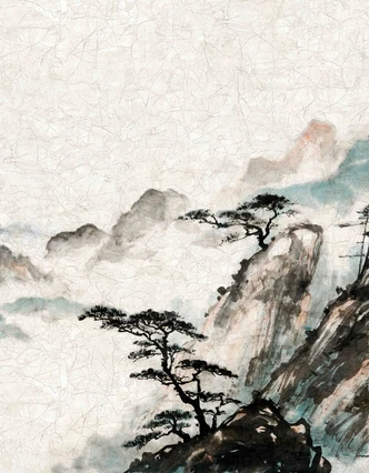 Fototapet Dimmiga berg i morgonljuset med tallsilhuett i japansk stil 3,4 x 2,65 m 
