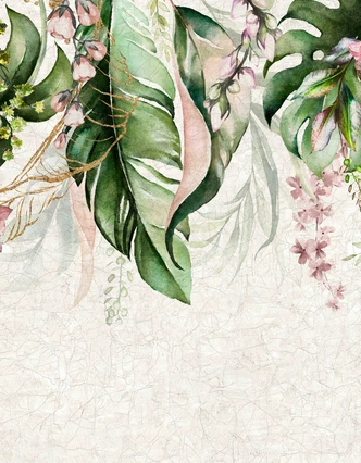 Akvarel jungleblade med sarte blomster Fototapet 3,4 x 2,65 m 