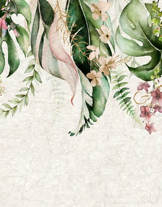 Akvarelmotiv Fototapet tropiske blade med blomster og fine guldlinjer 3,4 x 2,65 m 