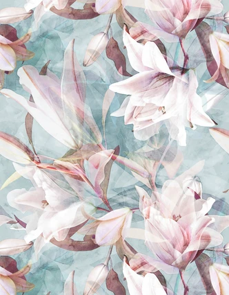 Fototapet Delikata akvarellblommor i pastell på ljusblå med mjukt fokus 3,4 x 2,65 m 