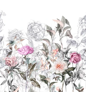 Fototapet med motiv Delikata vintageblommor i grått och rosa 3,4 x 3,18 m 