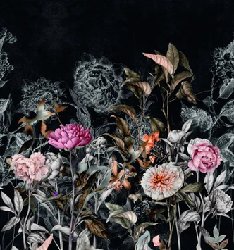 Fototapet Dark Botaniska vintageblommor på svart med rosé accenter 3,4 x 3,18 m 