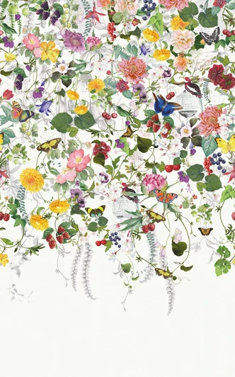 Fototapet med motiv Färgglad blomsteräng med fjärilar och fåglar 3,4 x 2,12 m 