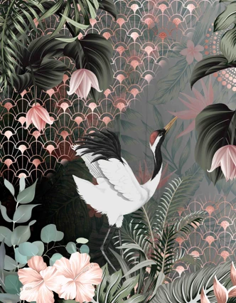 Fototapet Crane i art deco-djungel med blommor och solfjädermönster 3,4 x 2,65 m 