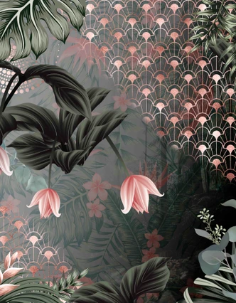 Fototapet i art deco-stil Kran i djungeln med blommor och solfjädermönster 3,4 x 2,65 m 