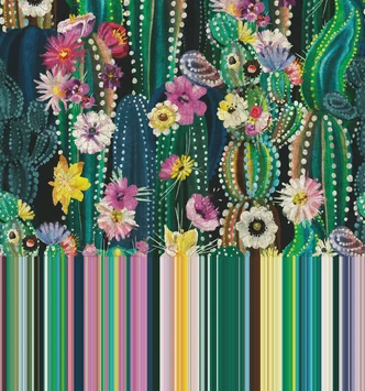 Fototapete Wandtapete mit Motiv Kaktusgarten mit bunten Blüten und Punktmuster in 3,4 x 3,18 m 