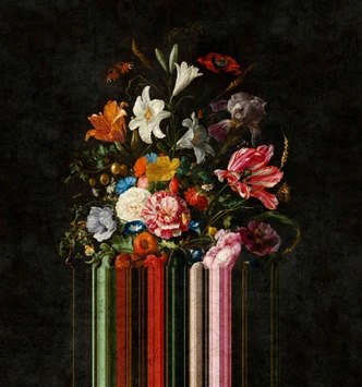 Fototapete Motivtapete Barockes Stillleben Blumenbouquet auf dunklem Hintergrund 3,4 x 3,18 m 