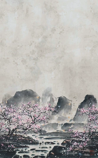 Fototapete Wandtapete mit Motiv Aquarell Berge mit Kirschblüten in Grau Rosa 3,4 x 2,12 m 