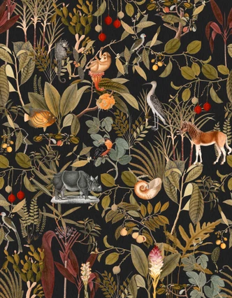 Fototapete Motivtapete Vintage Dschungel-Tierwelt auf Schwarz mit Blättern und Vögeln 3,4 x 2,65 m 