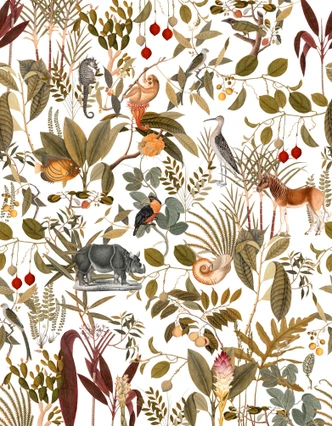 Fototapete Bildtapete Vintage Dschungel-Tierwelt in Naturtönen mit Blättern 3,4 x 2,65 m 