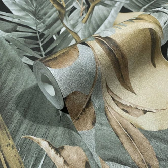 Vliestapete in Blattmotiv mit versteckten Tieren grau, braun Floral 