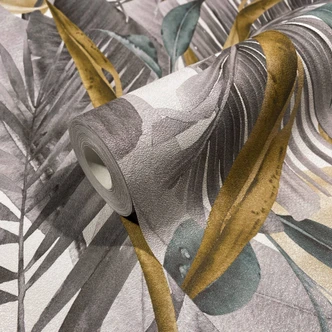 Vliestapete in Blattmotiv mit versteckten Tieren grau, braun Floral 