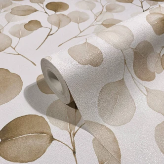 Vliestapete mit gemalten Blättern weiß, braun Floral 