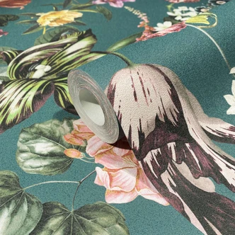 Behang, vlies bloemen behang Flora grijs, blauw 