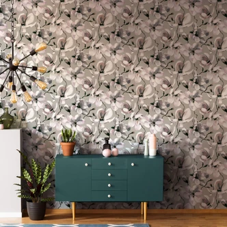 Vliestapete mit Blättern in gemaltem Stil grau, beige Floral 
