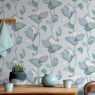 Vliestapete mit Comic-Blumen Look blau, grün Floral 
