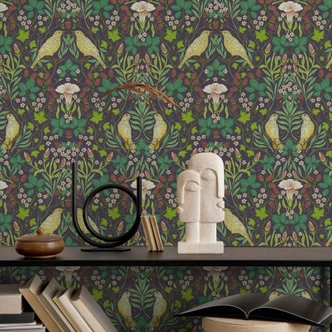 Tapeta z włókniny ptaki, kwiaty kwiatowa natura w kolorze czarnym 