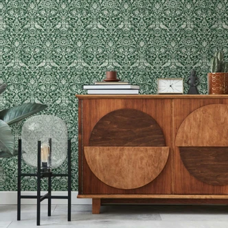 Icke-vävd tapet fåglar, blommor blommig natur i grönt 