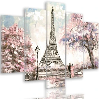 Leinwandbild 5 teilig, Pariser Eiffelturm Pastellfarben 