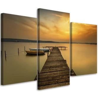 Leinwandbild 3-teilig, Steg Boot See Sonnenuntergang 