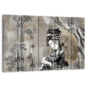 Leinwandbild 5 teilig, Geisha und Bambus 