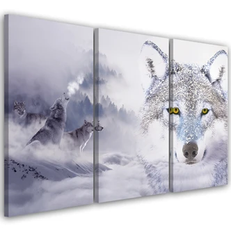 Leinwandbild 3-teilig, Wolf Wald Nebel Natur Grau 