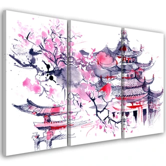 Leinwandbild 3-teilig, Pagode Kirschbaum Japan Gemalt 