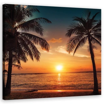 Leinwandbild Sonnenuntergang Strand Palmen 