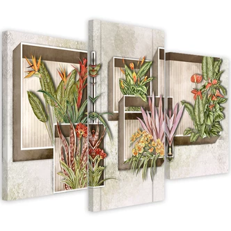 Leinwandbild 3 teilig, Quadratkisten Regale mit Blumen 