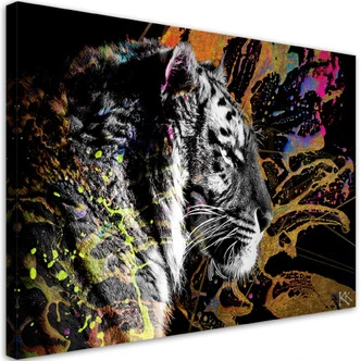 Canvasbillede, Tiger på farverig baggrund 