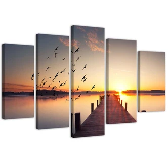 Leinwandbild 5 teilig, Steg Vögel Sonnenuntergang 