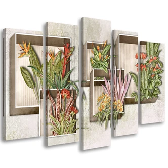 Leinwandbild 5 teilig, Quadratkisten Regale mit Blumen 