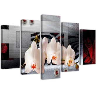 Leinwandbild 5 teilig, Abstrakte Orchideen Weiß 